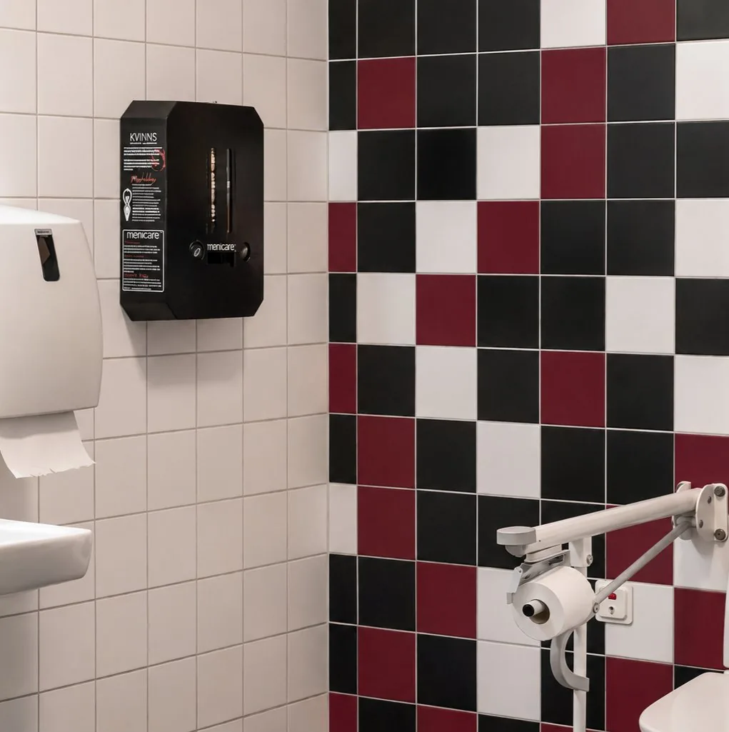 Kvins mensskyddsdispenser på en skoltoalett med svart, vitt och vinrött kakel